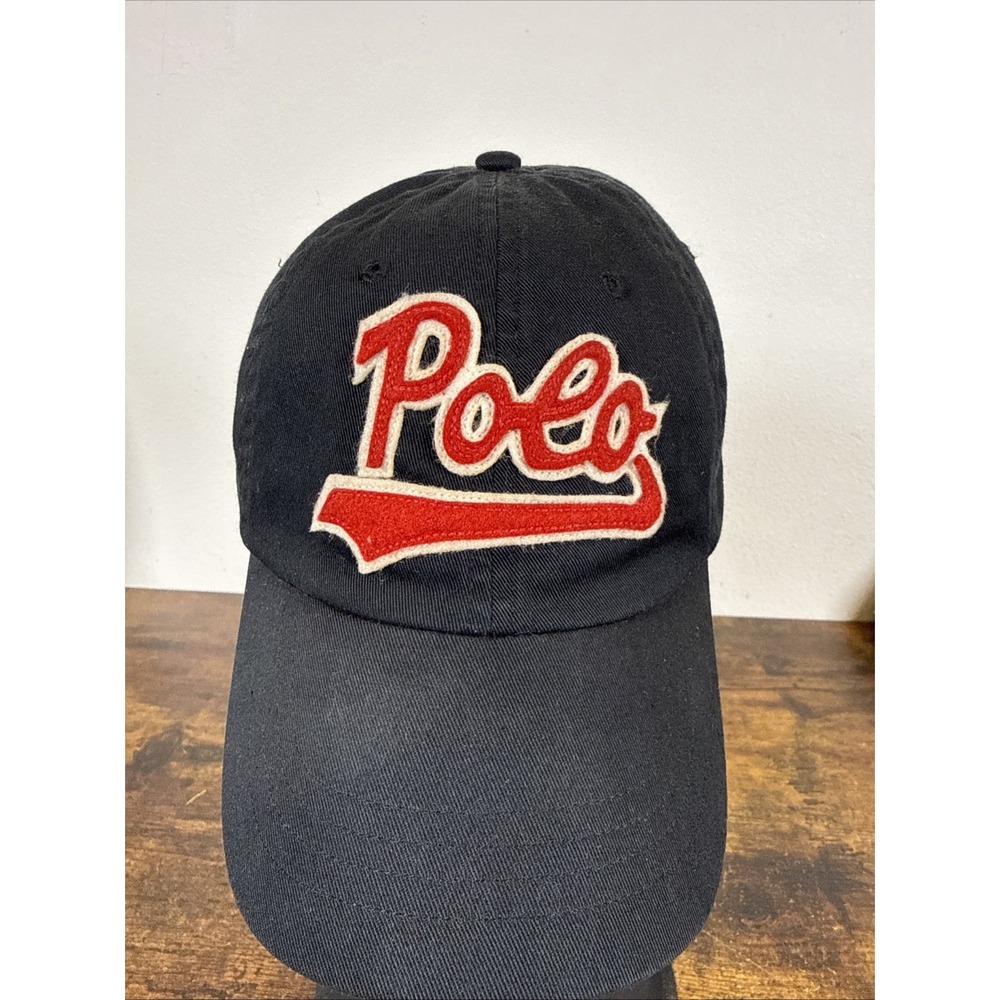 Polo Ralph Lauren Script Felt Logo Strap Back Hat Black Americana Baseball Cap